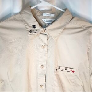 CJ Banks 1X Cat Embroidered Button Down Shirt Beige Crazy Cat Lady Paw Prints